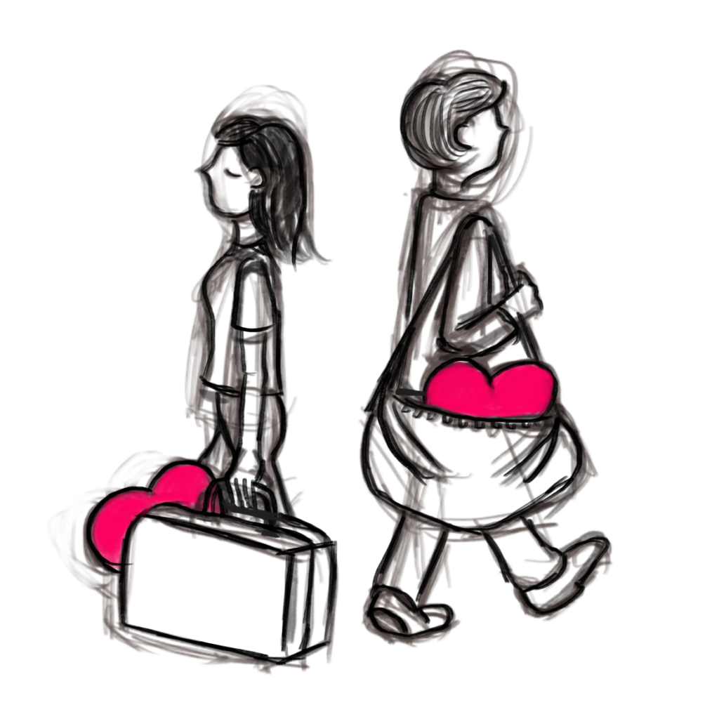 Digital pencil drawing of a man and woman walking away from each other with their hearts in their luggage on a white background