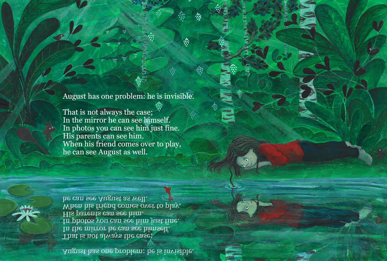 Augustus is onzichtbaar Acryllic and gouache painting of a boy lying on the waterside in the forest looking at his own reflection illustration