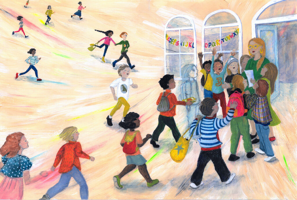 Augustus is onzichtbaar Acryllic and gouache painting of an Invisible boy on a school playground with running children and teacher illustration