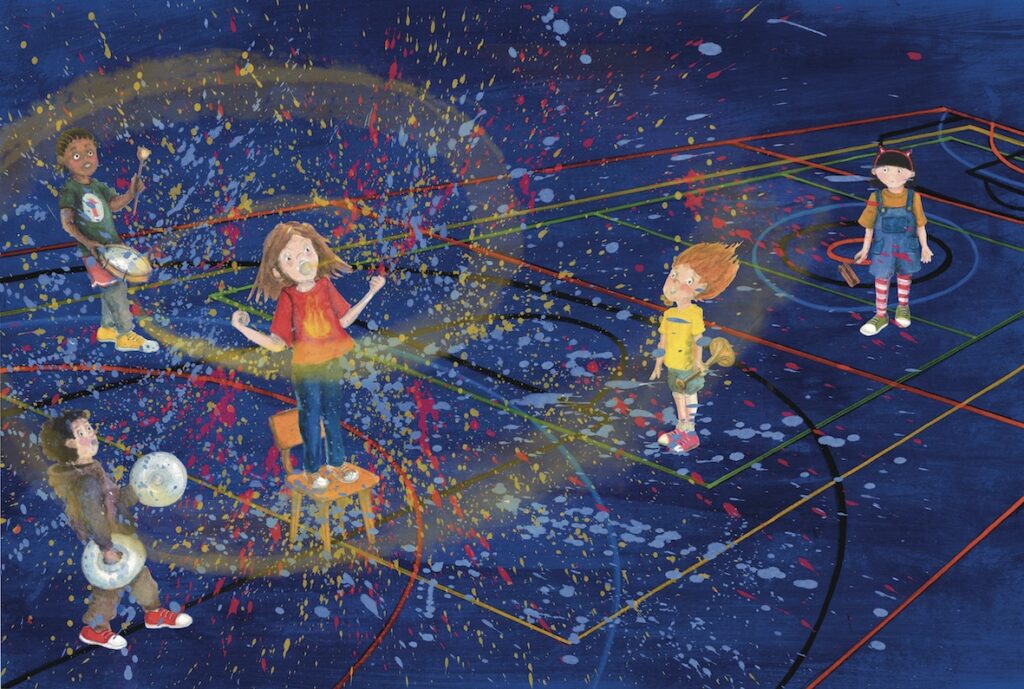 Augustus is onzichtbaar Digitally edited acryllic and gouache painting of a boy standing on chair in a gym screaming loudly with other children around him illustration