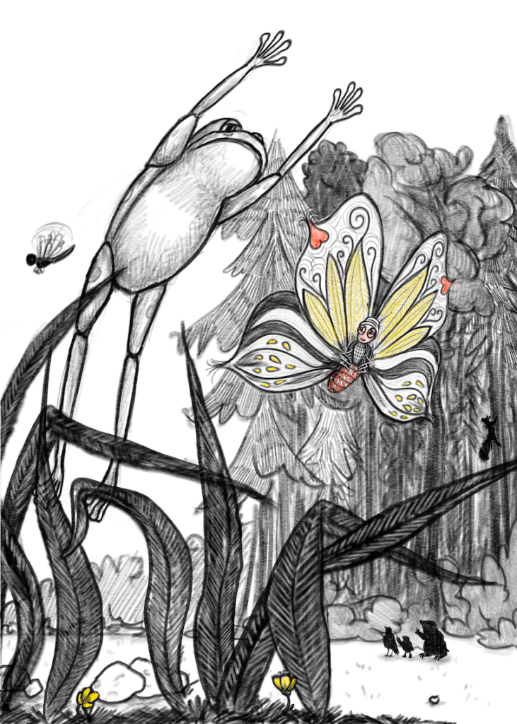 pencil drawing illustration of frog leaping next to a butterfly in a forest with more animals in the background