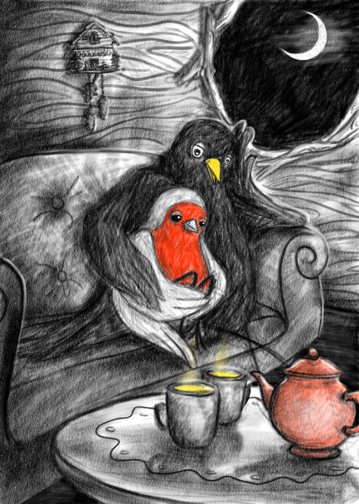 Blackbird and Robin sitting on a sofa with a pot and a cup of tea at night with the moon in the background - pencil drawing illustration