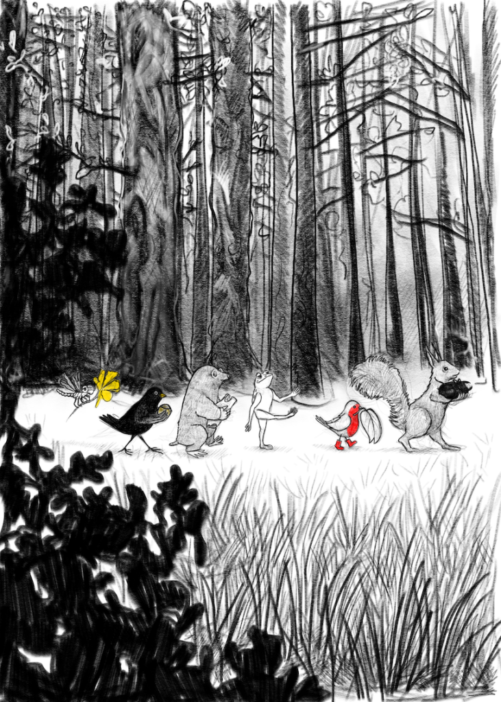 Blackbird and Robin forest animals walking in a parade in the forest ( squirrel, robin, forg, mole, blackbird, dragonfly ) pencil drawing illustration