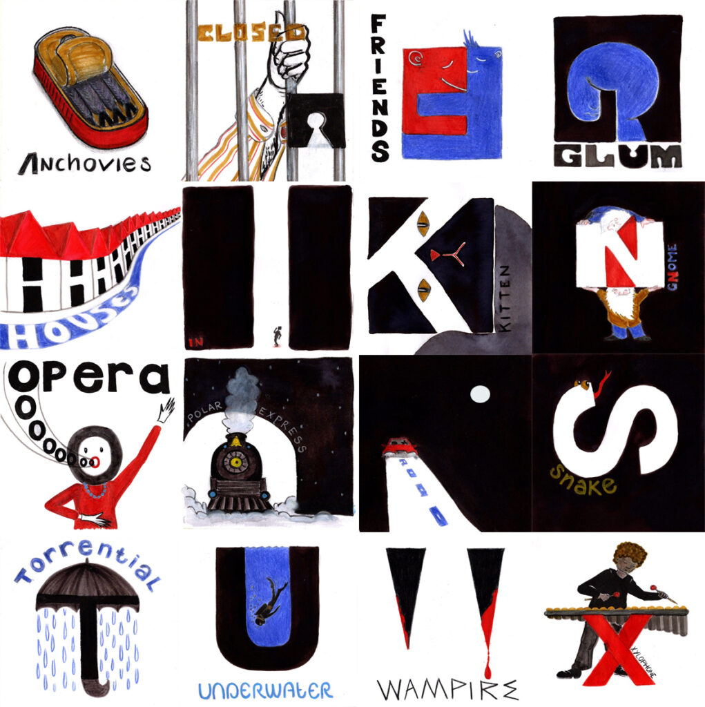 Letters of the alphabet with illustrations of objects starting with the matching letter. Colours used are mainly black and white with some accents in red, blue and ochre