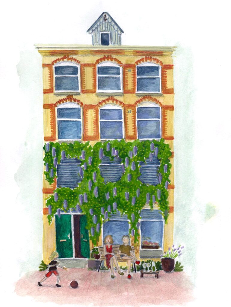 Watercolour painting of a typical Dutch / Amsterdam house with a man and woman sitting on a bench in front and a child running after a ball