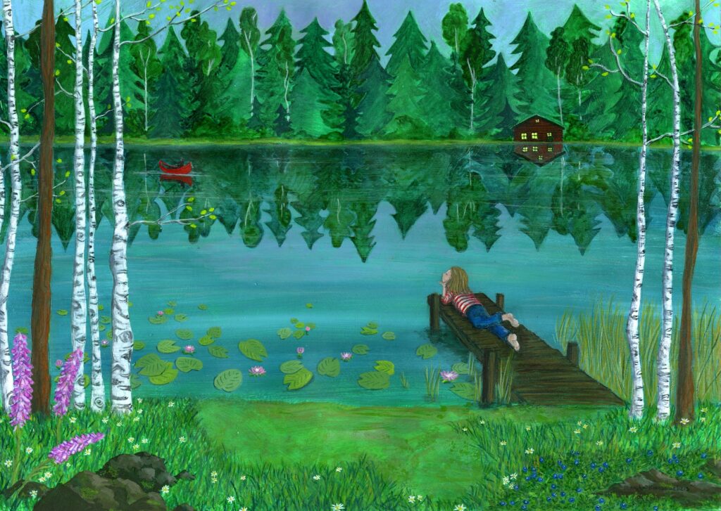Gouache painting of a forest lake with pine and birch trees and foxglove flowers and a child in a striped shirt lying on a jetty, looking at a red rowboat and a little house in the distance
